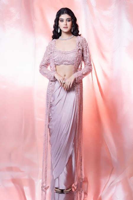 Jiya By Veer Design Studio Floral Hand Embroidered Jacket With Skirt Set 