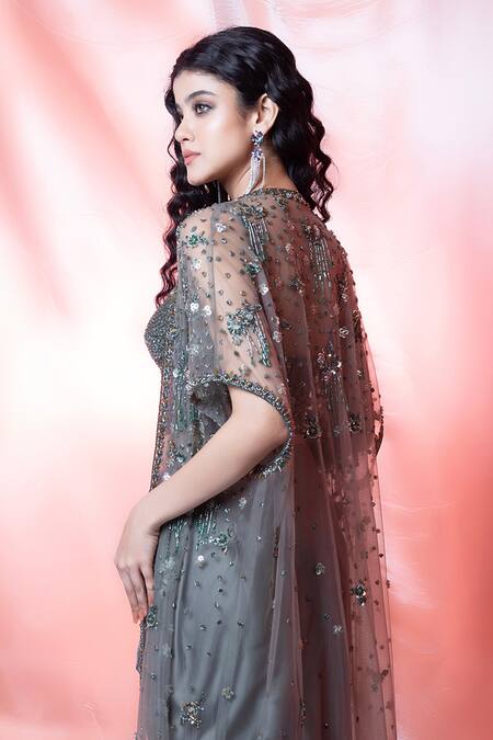 Buy_Jiya By Veer Design Studio_Green Net Beads, Sequins, Crystals, Floral Hand Embroidered Jacket And Skirt Set _Online_at_Aza_Fashions