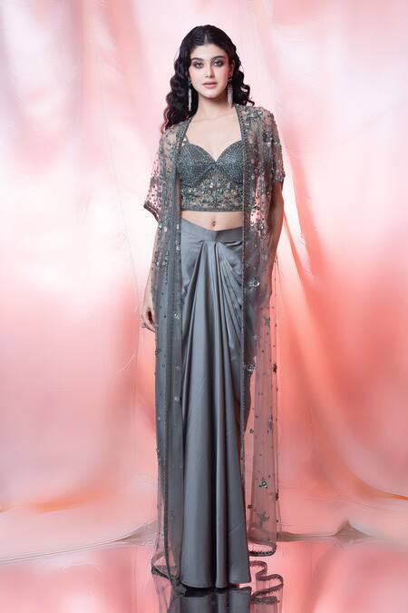 Shop_Jiya By Veer Design Studio_Green Net Beads, Sequins, Crystals, Floral Hand Embroidered Jacket And Skirt Set _Online_at_Aza_Fashions