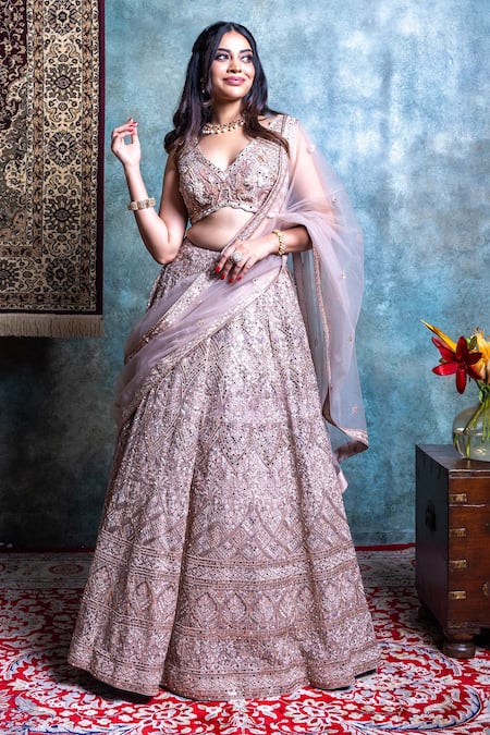 Jiya By Veer Design Studio Floral Mirrorwork Embroidered Bridal Lehenga Set 