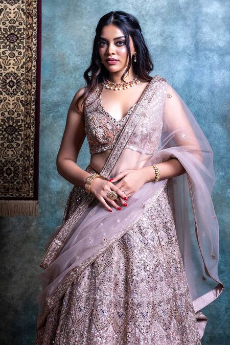 Jiya By Veer Design Studio_Gold Net Cut Work, Mirrors V-neck Floral Embroidered Bridal Lehenga Set _Online_at_Aza_Fashions