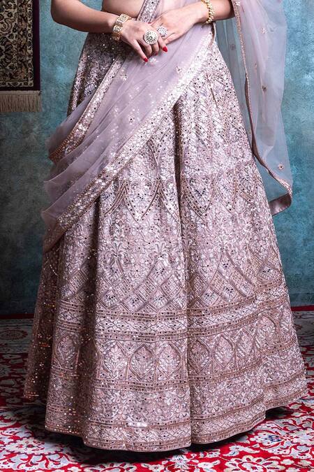 Buy_Jiya By Veer Design Studio_Gold Net Cut Work, Mirrors V-neck Floral Embroidered Bridal Lehenga Set _Online_at_Aza_Fashions