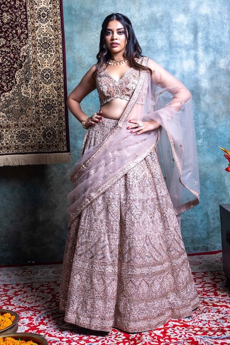 Shop_Jiya By Veer Design Studio_Gold Net Cut Work, Mirrors V-neck Floral Embroidered Bridal Lehenga Set _Online_at_Aza_Fashions