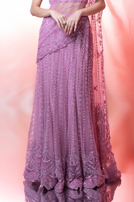 Buy_Jiya By Veer Design Studio_Pink Net Cutdana Embroidered Sheer Pre-draped Lehenga Saree With Blouse _Online_at_Aza_Fashions