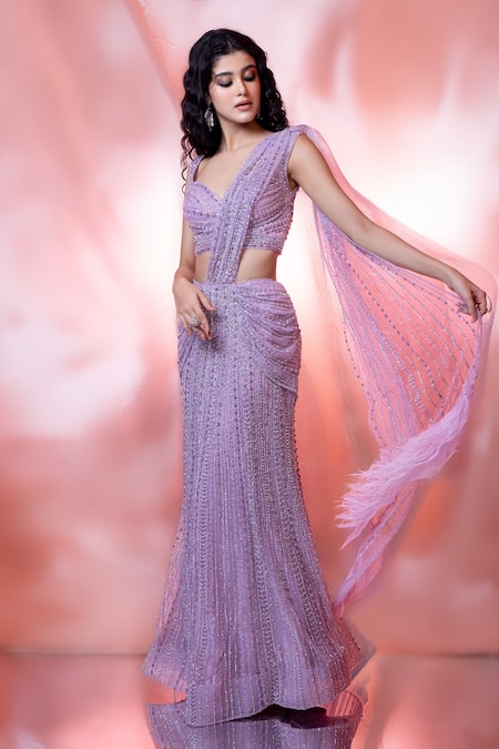 Jiya By Veer Design Studio Cutdana Embroidered Sheer Pre-Draped Saree With Blouse 