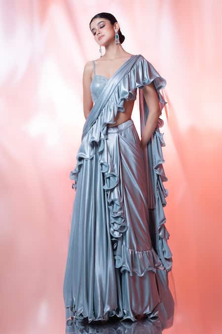 Jiya By Veer Design Studio Metallic Pre-Draped Ruffle Lehenga Saree With Embroidered Blouse 