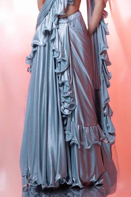 Buy_Jiya By Veer Design Studio_Blue Lycra Metallic Pre-draped Ruffle Lehenga Saree With Embroidered Blouse _Online_at_Aza_Fashions