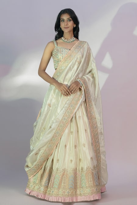 Jiya by Veer Design Studio Cream Silk Embroidered Foil Sweetheart Floral Lehenga Set 