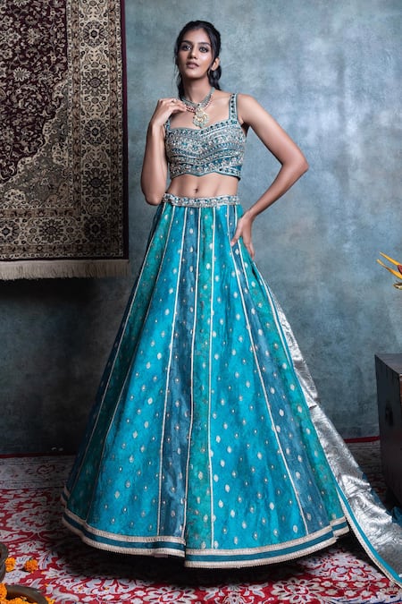 Jiya by Veer Design Studio Blue Buti Silk Embroidered Abstract Print Gradient Lehenga Set With Blouse 