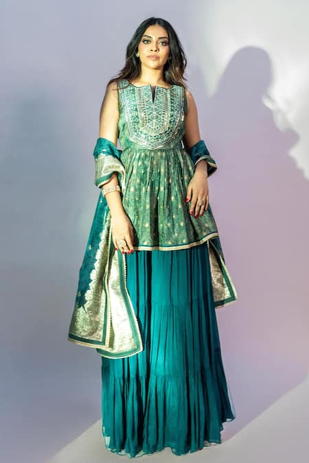 Jiya by Veer Design Studio Green Brocade Embroidered Tonal Geometric Print Peplum Kurta Tiered Sharara Set 