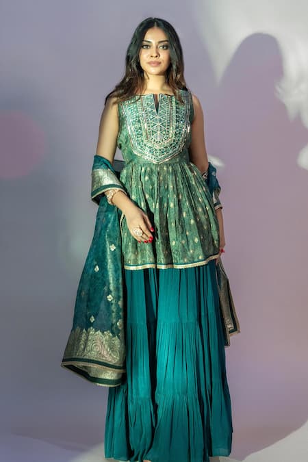 Jiya By Veer Design Studio Tonal Geometric Print Peplum Kurta Tiered Sharara Set 