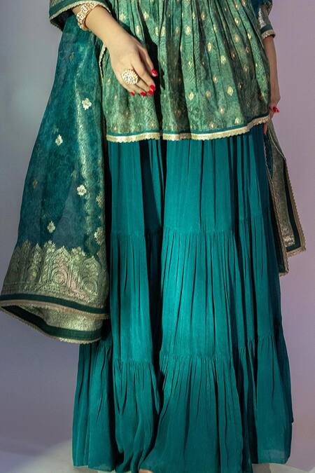 Shop_Jiya By Veer Design Studio_Green Brocade Mirrors, Tonal Geometric Print Peplum Kurta Tiered Sharara Set _Online_at_Aza_Fashions