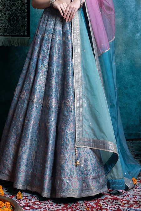 Jiya By Veer Design Studio Blue Brocade Embroidery Sweetheart Neck Floral Woven Lehenga Set Online at Aza Fashions Jiya By Veer Design Studio_Blue Brocade Embroidery Sweetheart Neck Floral Woven Lehenga Set _Online_at_Aza_Fashions