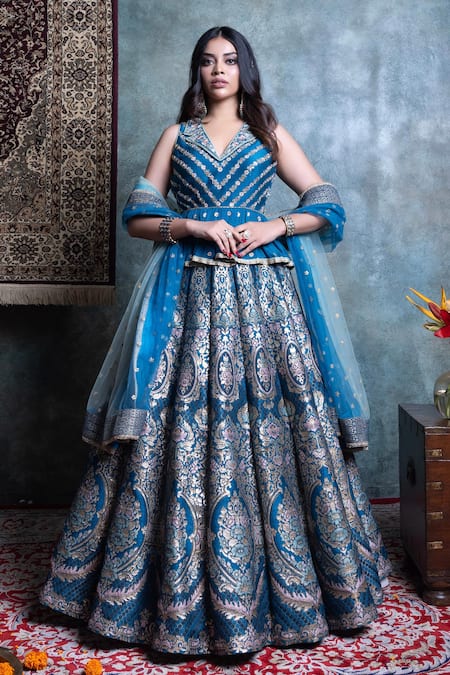 Jiya by Veer Design Studio Blue Silk Embroidered Floral Lapel Collar Vine Woven Lehenga Set 