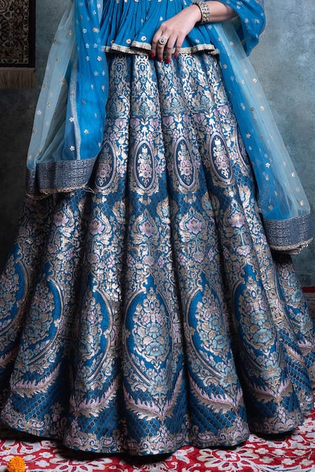 Jiya By Veer Design Studio_Blue Silk, Chiffon Embroidery, Sequins Collared Floral Vine Woven Lehenga Set _Online_at_Aza_Fashions