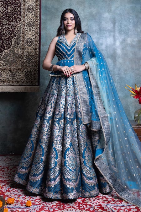 Buy_Jiya By Veer Design Studio_Blue Silk, Chiffon Embroidery, Sequins Collared Floral Vine Woven Lehenga Set _Online_at_Aza_Fashions
