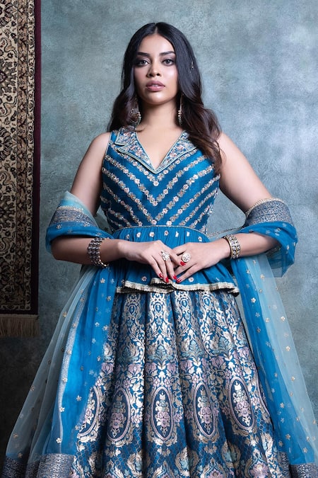 Shop_Jiya By Veer Design Studio_Blue Silk, Chiffon Embroidery, Sequins Collared Floral Vine Woven Lehenga Set _Online_at_Aza_Fashions