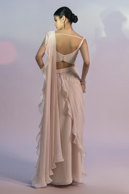 Jiya By Veer Design Studio Sequin Embroidered Ruffle Border Pre-Draped Saree With Blouse 