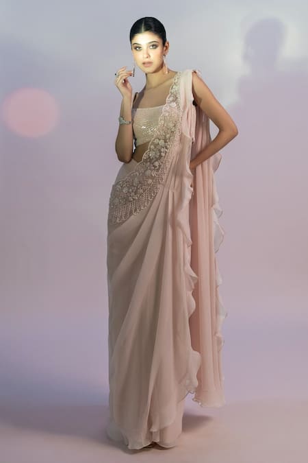 Jiya By Veer Design Studio_Pink Chiffon Pearls, Embroidered Ruffle Border Pre-draped Saree With Blouse _Online_at_Aza_Fashions
