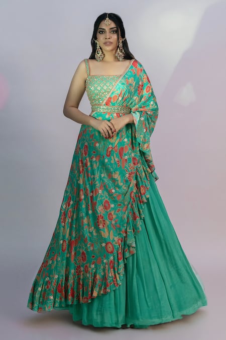 Jiya by Veer Design Studio Green Chiffon Embroidered Sequin Solid Lehenga Set With Printed Ruffle Cape 