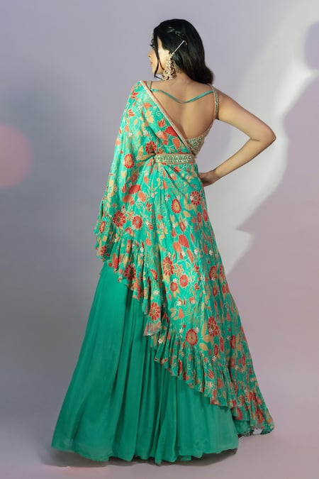 Jiya By Veer Design Studio Solid Lehenga Set With Printed Ruffle Cape 