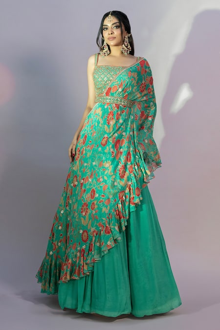 Jiya By Veer Design Studio_Green Chiffon Sequins, Embroidery Solid Lehenga Set With Printed Ruffle Cape _Online_at_Aza_Fashions