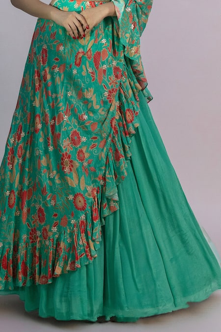 Buy_Jiya By Veer Design Studio_Green Chiffon Sequins, Embroidery Solid Lehenga Set With Printed Ruffle Cape _Online_at_Aza_Fashions