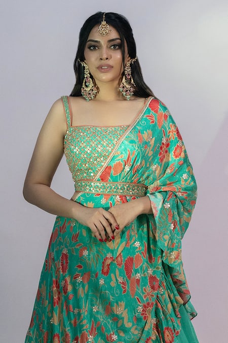 Shop_Jiya By Veer Design Studio_Green Chiffon Sequins, Embroidery Solid Lehenga Set With Printed Ruffle Cape _Online_at_Aza_Fashions