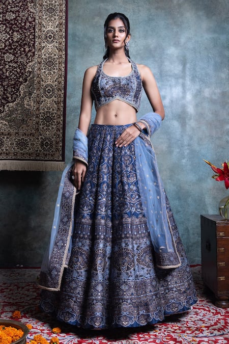 Jiya by Veer Design Studio Blue Brocade Embroidered Floral Halter Neck Woven Peacock Lehenga Set 