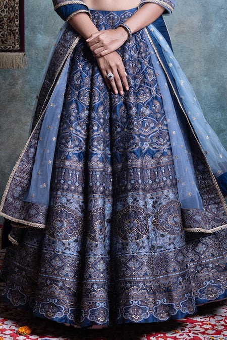 Jiya By Veer Design Studio Blue Brocade, Chiffon Cut Work, Embroidery Woven Floral Peacock Lehenga Set Online at Aza Fashions Jiya By Veer Design Studio_Blue Brocade, Chiffon Cut Work, Embroidery Woven Floral Peacock Lehenga Set _Online_at_Aza_Fashions