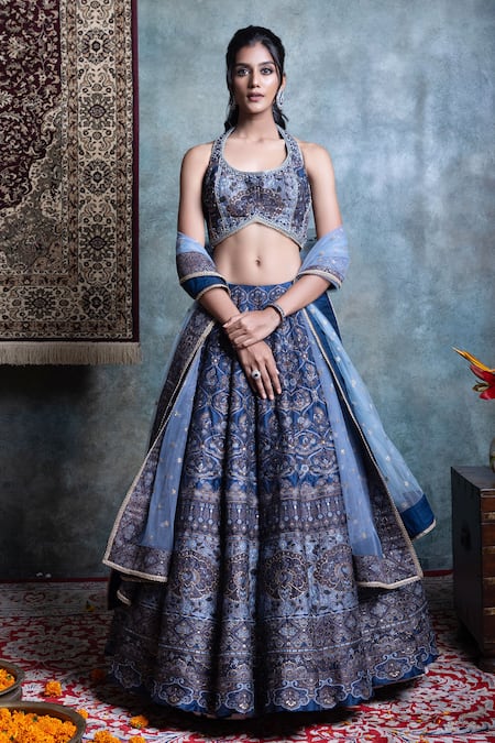 Buy Jiya By Veer Design Studio Blue Brocade, Chiffon Cut Work, Embroidery Woven Floral Peacock Lehenga Set Online at Aza Fashions Buy_Jiya By Veer Design Studio_Blue Brocade, Chiffon Cut Work, Embroidery Woven Floral Peacock Lehenga Set _Online_at_Aza_Fashions