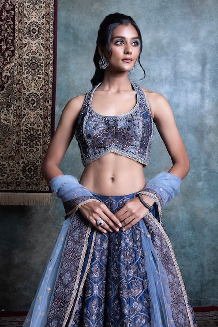 Shop Jiya By Veer Design Studio Blue Brocade, Chiffon Cut Work, Embroidery Woven Floral Peacock Lehenga Set Online at Aza Fashions Shop_Jiya By Veer Design Studio_Blue Brocade, Chiffon Cut Work, Embroidery Woven Floral Peacock Lehenga Set _Online_at_Aza_Fashions