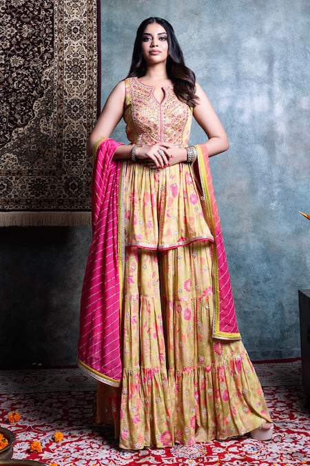 Jiya By Veer Design Studio Silk Printed Peplum Kurta Tiered Palazzo Set 