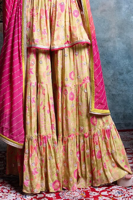 Buy_Jiya By Veer Design Studio_Green Silk Embroidery Split V-neck Printed Peplum Kurta Tiered Palazzo Set _Online_at_Aza_Fashions