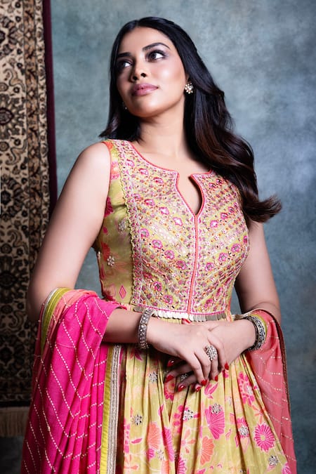 Shop_Jiya By Veer Design Studio_Green Silk Embroidery Split V-neck Printed Peplum Kurta Tiered Palazzo Set _Online_at_Aza_Fashions