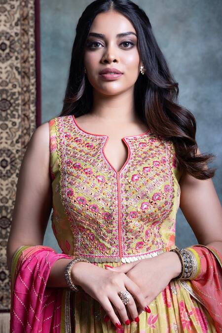 Jiya By Veer Design Studio_Green Silk Embroidery Split V-neck Printed Peplum Kurta Tiered Palazzo Set _at_Aza_Fashions