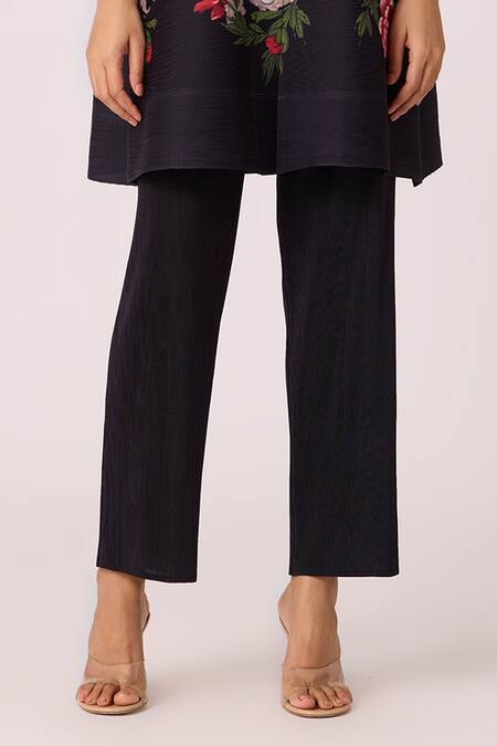 Scarlet Sage_Black Polyester Mandarin Collar Adela Floral Print Tunic With Pant_Online_at_Aza_Fashions