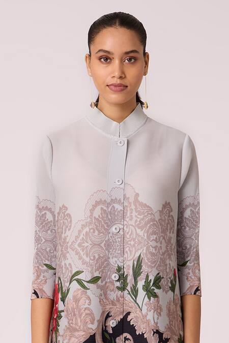 Buy_Scarlet Sage_Black Polyester Mandarin Collar Adela Floral Print Tunic With Pant_Online_at_Aza_Fashions