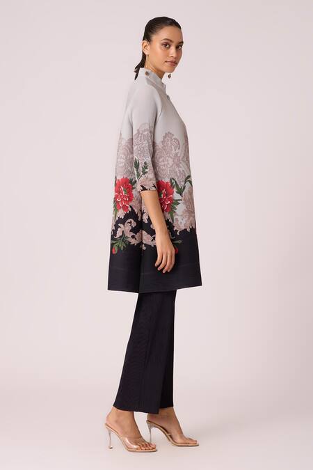 Scarlet Sage_Black Polyester Mandarin Collar Adela Floral Print Tunic With Pant_at_Aza_Fashions