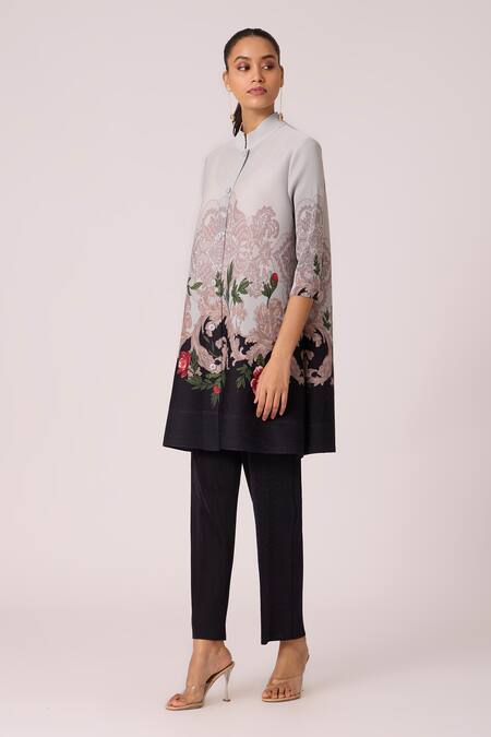 Buy_Scarlet Sage_Black Polyester Mandarin Collar Adela Floral Print Tunic With Pant