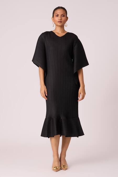 Scarlet Sage_Black Polyester V-neck Ariana Midi Dress_Online_at_Aza_Fashions