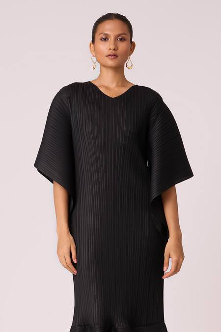 Buy_Scarlet Sage_Black Polyester V-neck Ariana Midi Dress_Online_at_Aza_Fashions