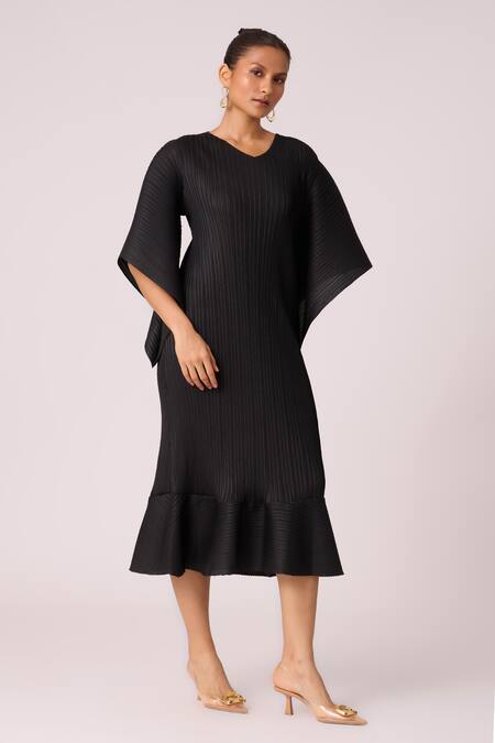 Shop_Scarlet Sage_Black Polyester V-neck Ariana Midi Dress_Online_at_Aza_Fashions