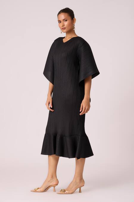 Scarlet Sage_Black Polyester V-neck Ariana Midi Dress_at_Aza_Fashions