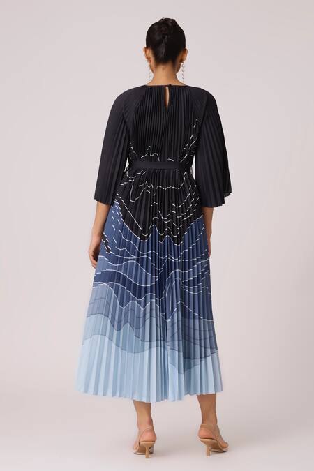 Shop Scarlet Sage Blue Polyester Boat Neck Ariel Print Maxi Dress at Aza Fashions Shop_Scarlet Sage_Blue Polyester Boat Neck Ariel Print Maxi Dress_at_Aza_Fashions