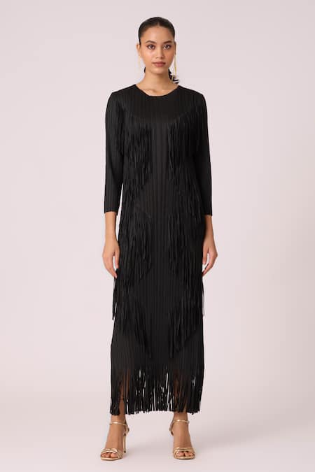 Scarlet Sage Black Polyester Fringe Round Neck Chloe Dress Online at Aza Fashions Scarlet Sage_Black Polyester Fringe Round Neck Chloe Dress _Online_at_Aza_Fashions