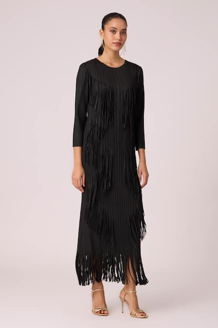 Buy Scarlet Sage Black Polyester Fringe Round Neck Chloe Dress Online at Aza Fashions Buy_Scarlet Sage_Black Polyester Fringe Round Neck Chloe Dress _Online_at_Aza_Fashions
