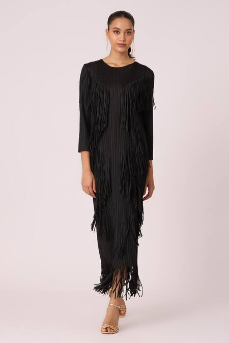 Shop Scarlet Sage Black Polyester Fringe Round Neck Chloe Dress Online at Aza Fashions Shop_Scarlet Sage_Black Polyester Fringe Round Neck Chloe Dress _Online_at_Aza_Fashions
