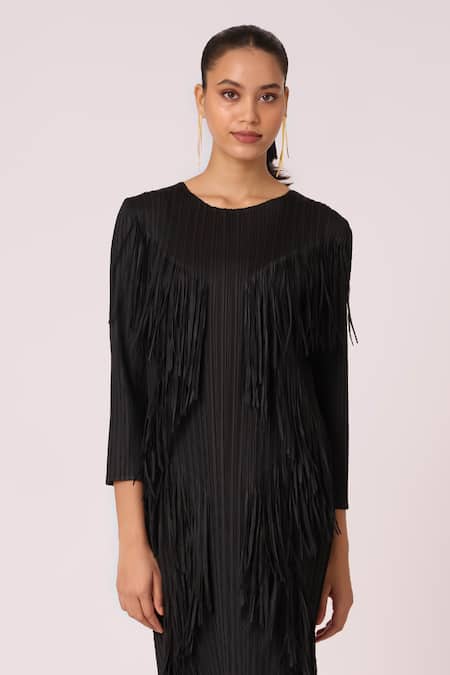 Scarlet Sage Black Polyester Fringe Round Neck Chloe Dress at Aza Fashions Scarlet Sage_Black Polyester Fringe Round Neck Chloe Dress _at_Aza_Fashions