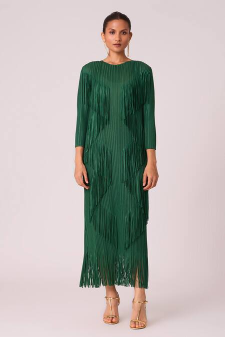 Scarlet Sage_Green Polyester Fringe Round Neck Chloe Long Dress _Online_at_Aza_Fashions